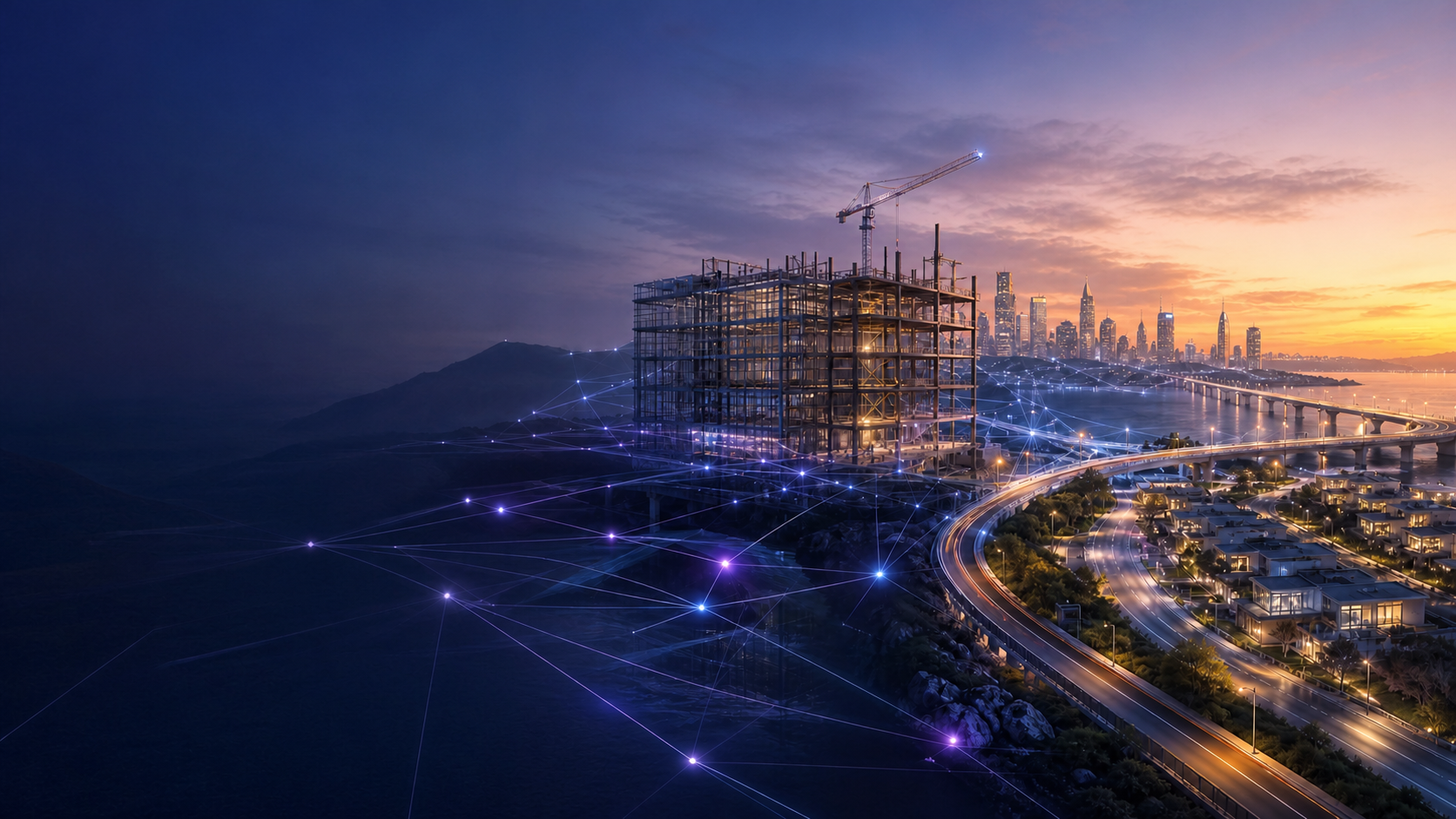 An illuminated city, connected infrastructure, and a building under construction at sunrise